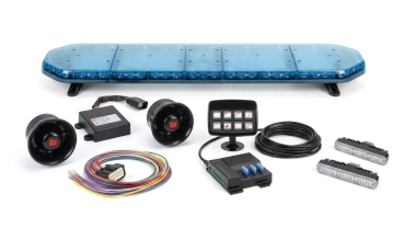 ieferumfang des Komplettpakets Sondersignalanlage MTW/MTF mit Juluen Legion Fit LED-Lichtbalken, zwei Druckkammerlautsprechern, Powerbox, Bedienteil SX830 und zwei MS6 LED-Frontblitzern.